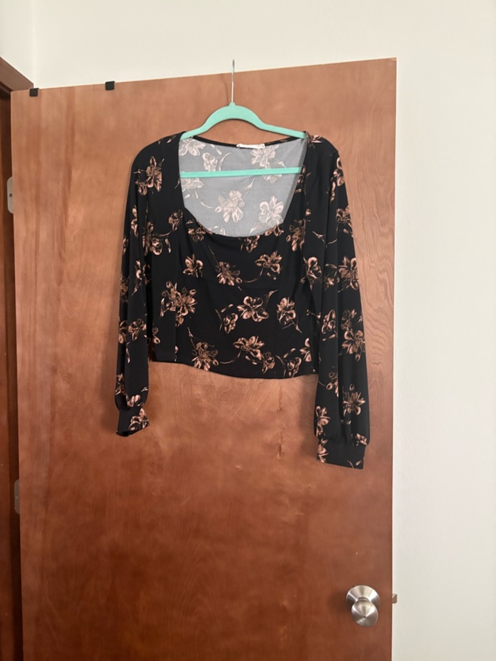 Lush Black Crop Top with Tan Floral Print